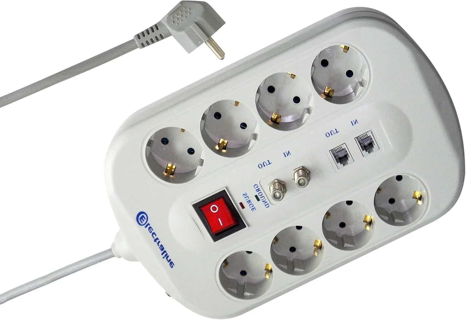 محافظ برق شوکو Electraline 62113 با 8 پریز برق + 2 پریز فکس/مودم + 2 پریز تلویزیون با کلید محافظ، فیلتر اضافه بار EMI/RFI، کابل HO5VVF 3G1 mm²، طول 1.5 متر، خاکستری، حداکثر 230 ولت 16 آمپر.