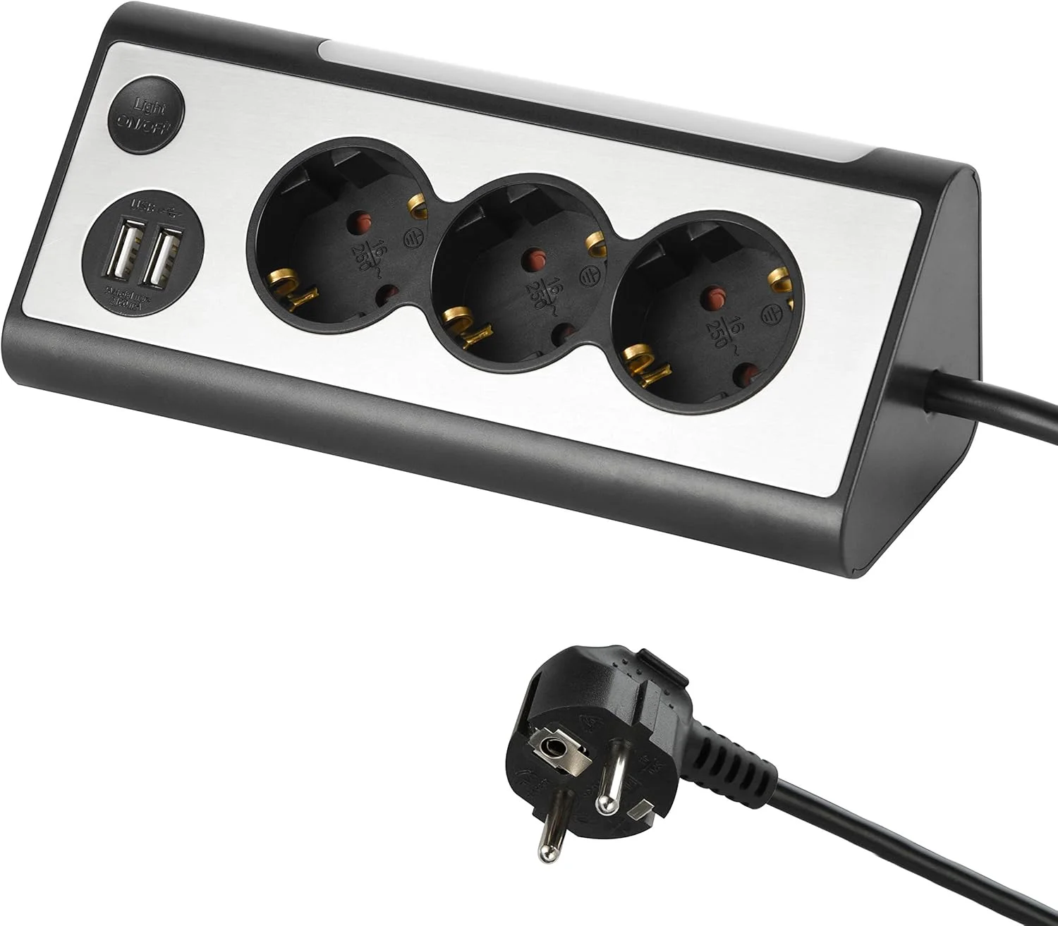 Electraline 62512، پریز برق چندگانه، سه راهی برق با 2 پورت USB و چراغ خواب LED (با کلید)، پریز چند منظوره گوشه ای برای آشپزخانه و دفتر (کابل 1.5 متری)