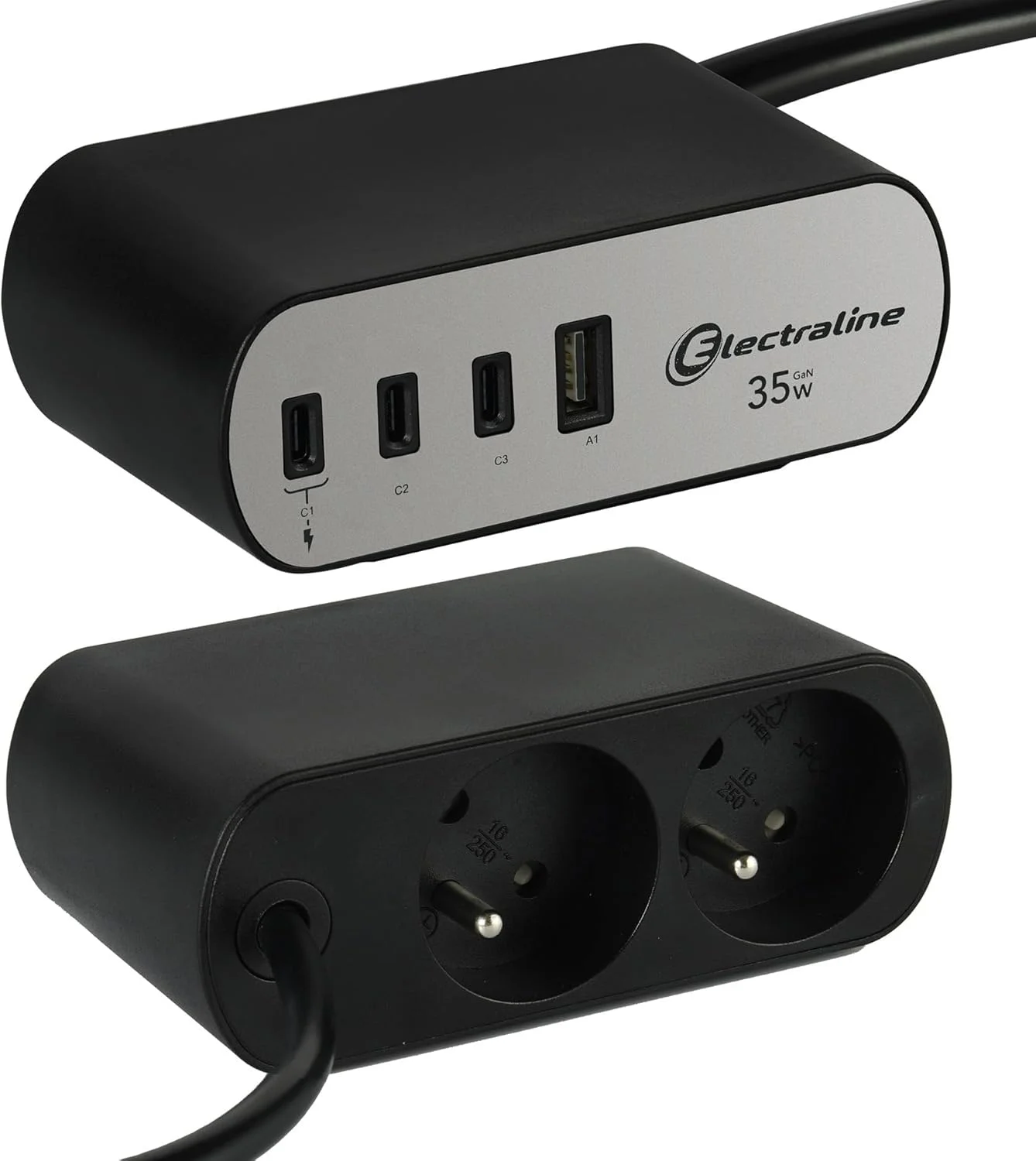Electraline Electradock 35461 محافظ برق با 2 پریز فرانسوی + 4 USB (3 USB C (تحویل نیرو) PD35W + 1 USB A QC) + 1 پایه رومیزی