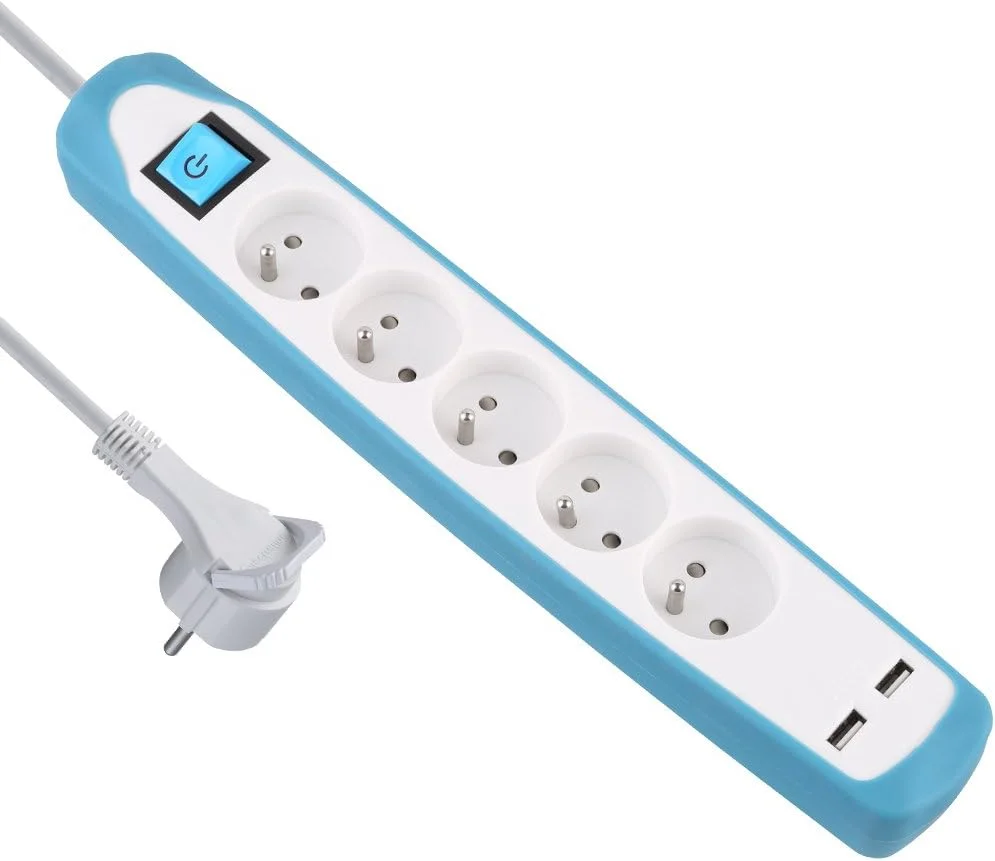 محافظ برق Electraline Gummy 35608 با 5 پریز و 2 پورت USB - سیلیکون ضد لغزش - کابل 2 متری - اتصال تخت