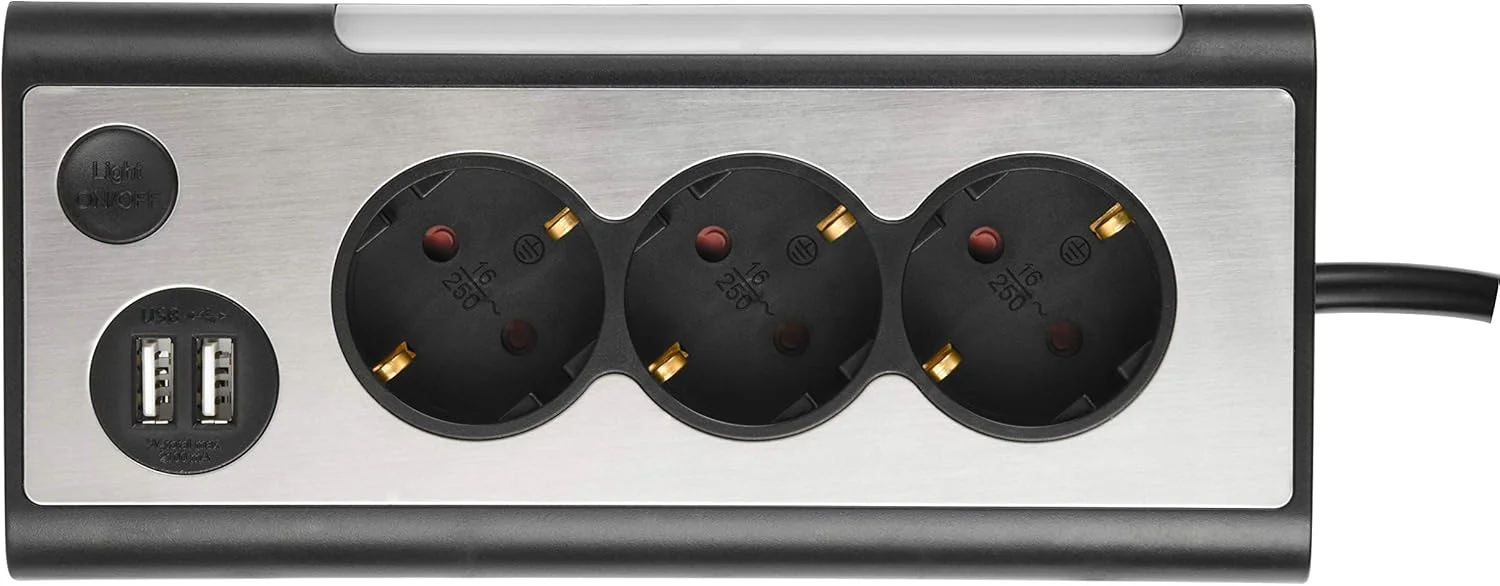 Electraline 62512، پریز برق چندگانه، سه راهی برق با 2 پورت USB و چراغ خواب LED (با کلید)، پریز چند منظوره گوشه ای برای آشپزخانه و دفتر (کابل 1.5 متری)