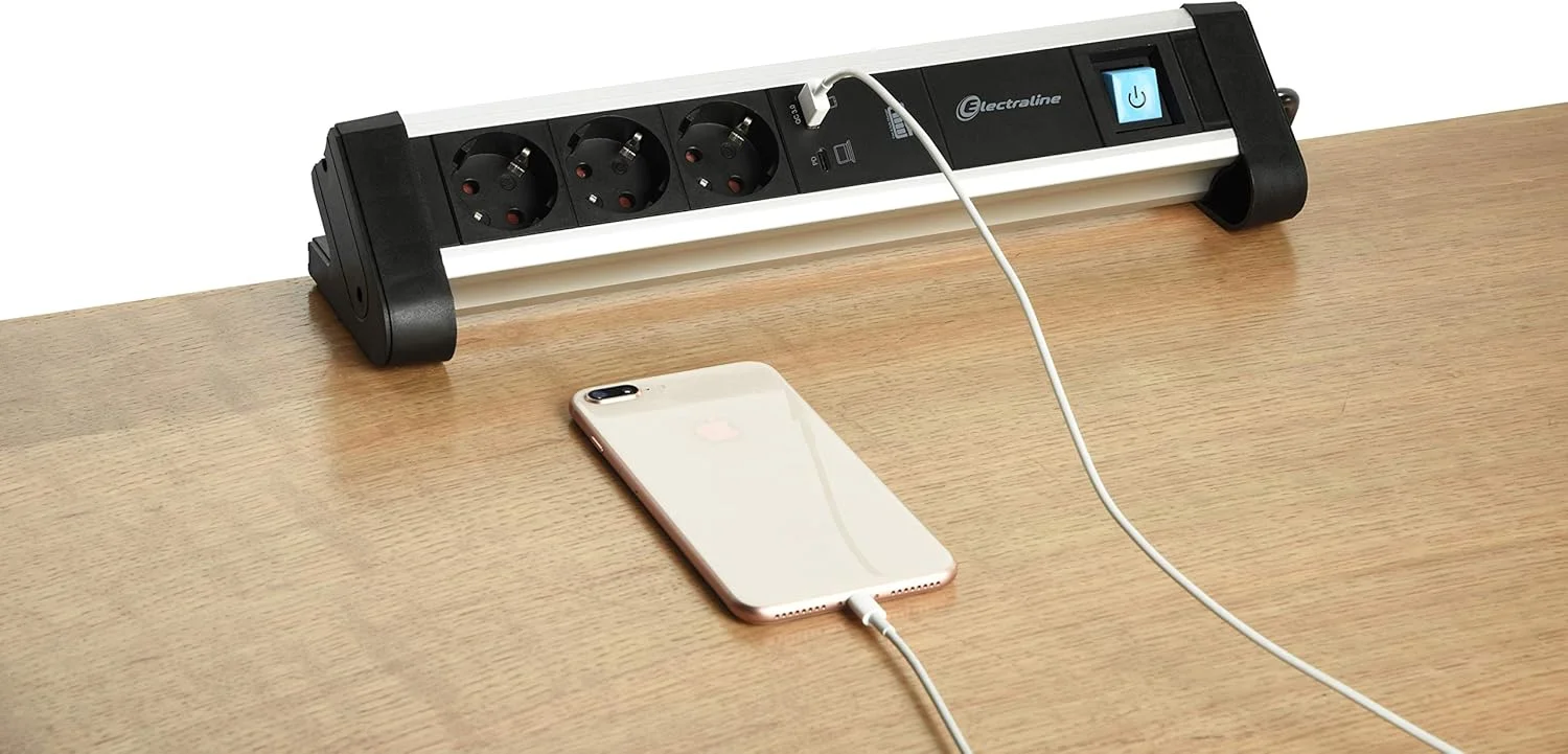 سه راهی برق آلومینیومی Electraline 62556 برای میز با 2 پورت USB 65 وات (1 پورت Type C PD برای شارژ کامپیوتر + 1 پورت USB 3A) کابل 2 متری / پریز برق رومیزی / میز چند منظوره