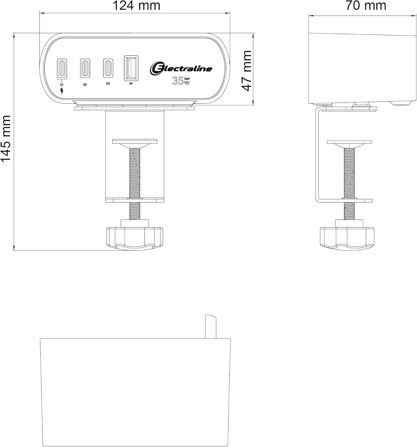 Electraline Electradock 35461 محافظ برق با 2 پریز فرانسوی + 4 USB (3 USB C (تحویل نیرو) PD35W + 1 USB A QC) + 1 پایه رومیزی