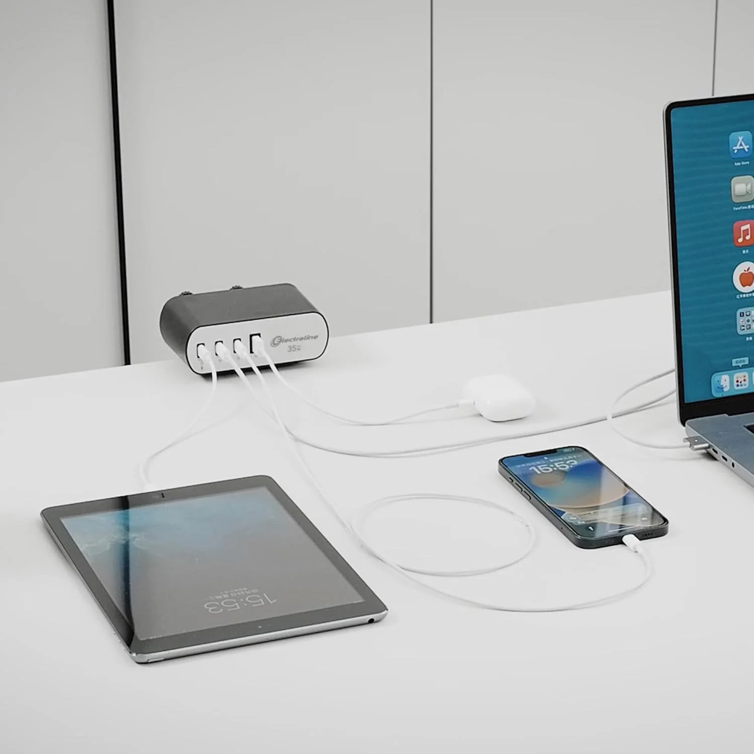 Electraline Electradock 35461 محافظ برق با 2 پریز فرانسوی + 4 USB (3 USB C (تحویل نیرو) PD35W + 1 USB A QC) + 1 پایه رومیزی