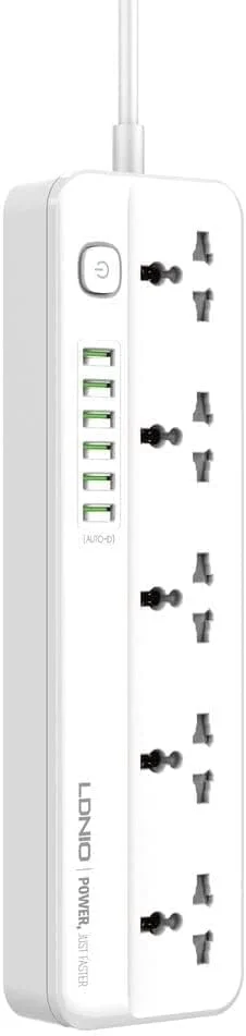 محافظ برق الدینیو با 5 پریز برق، 6 پورت USB با خروجی 3.4 آمپر 5 ولت 2500 وات و کابل 2 متری مدل SC5614، دارای 5 خروجی یونیورسال سازگار با دوشاخه های UK/UAE، دارای 6 پورت USB با قابلیت تشخیص خودکار برای شارژ موبایل، و کابل افزایش طول 2 متری
