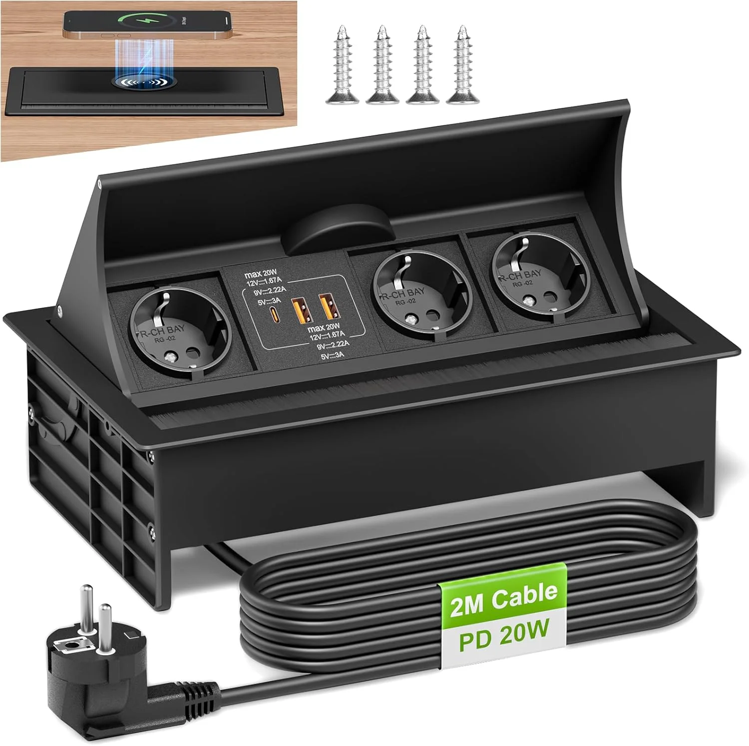 چندراهی برق USB C PD20W، لوازم جانبی برق با شارژر القایی 15 واتی، پریز جمع شونده برای آشپزخانه، دفاتر، اتاق جلسات، کابل 1.8 متری، مشکی