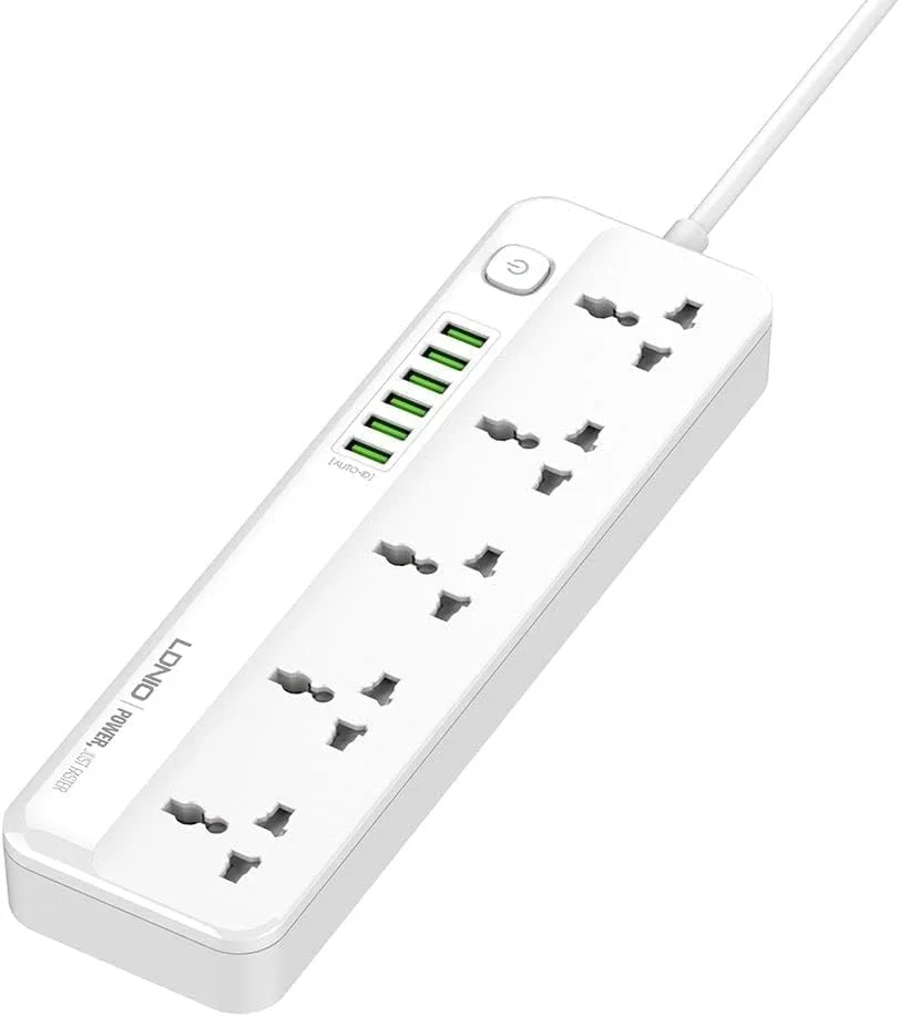 محافظ برق الدینیو با 5 پریز برق، 6 پورت USB با خروجی 3.4 آمپر 5 ولت 2500 وات و کابل 2 متری مدل SC5614، دارای 5 خروجی یونیورسال سازگار با دوشاخه های UK/UAE، دارای 6 پورت USB با قابلیت تشخیص خودکار برای شارژ موبایل، و کابل افزایش طول 2 متری