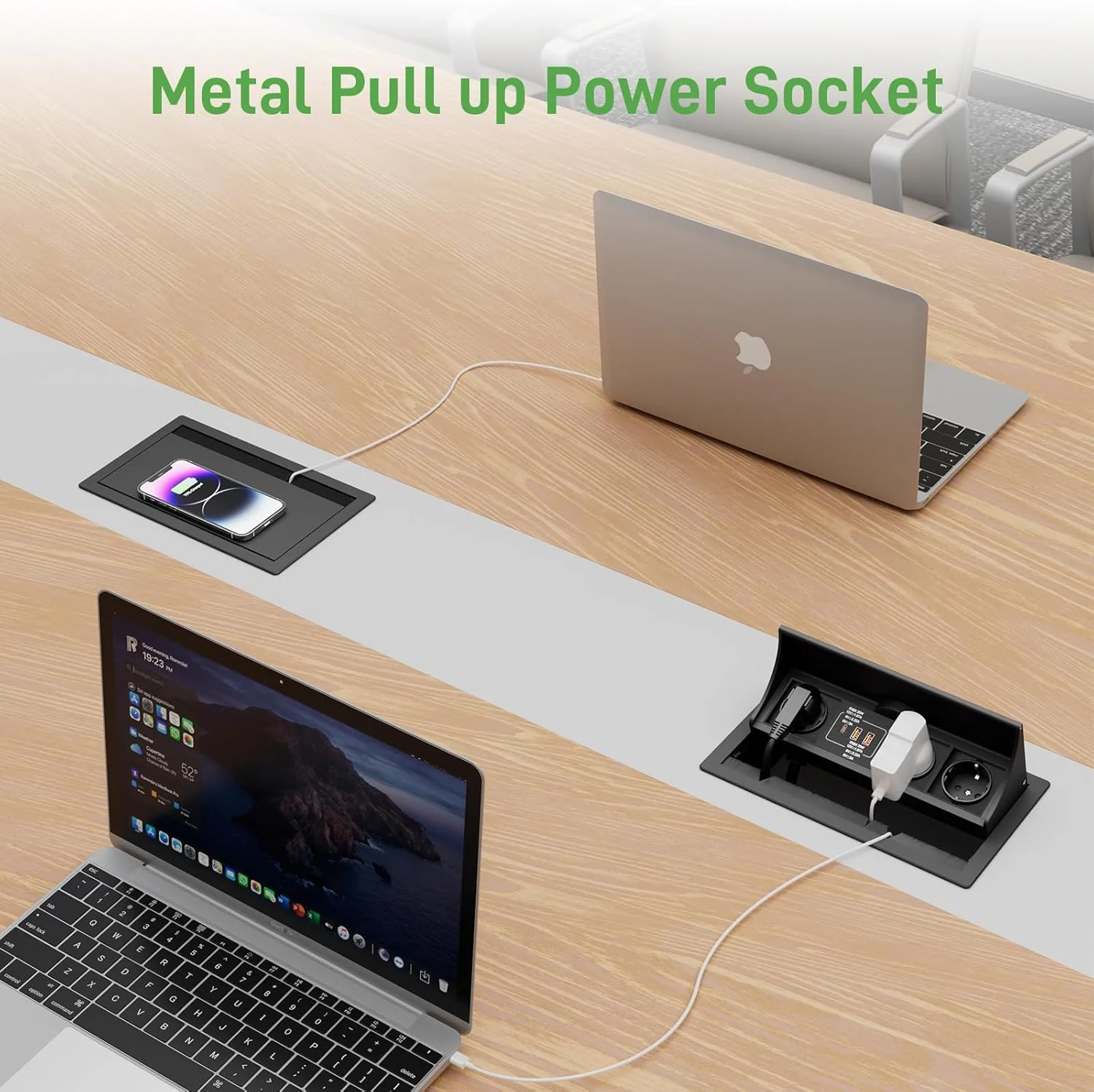 چندراهی برق USB C PD20W، لوازم جانبی برق با شارژر القایی 15 واتی، پریز جمع شونده برای آشپزخانه، دفاتر، اتاق جلسات، کابل 1.8 متری، مشکی