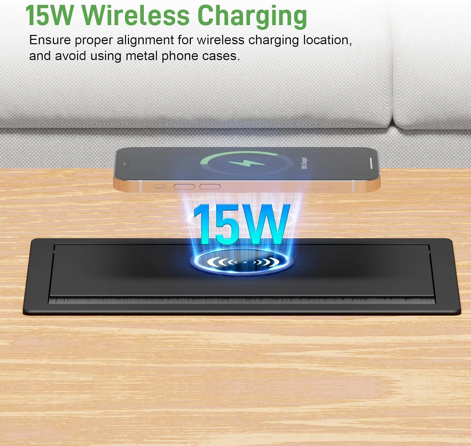 چندراهی برق USB C PD20W، لوازم جانبی برق با شارژر القایی 15 واتی، پریز جمع شونده برای آشپزخانه، دفاتر، اتاق جلسات، کابل 1.8 متری، مشکی