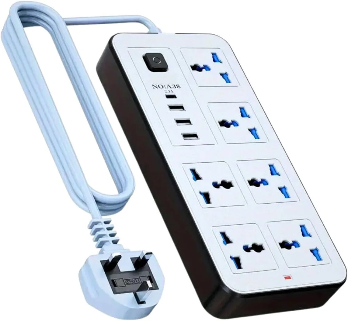 سیم سیار برق چند شاخه با 6 خروجی، 3 پورت USB، 1 پورت Type-C، کابل 2 متری، چند شاخه 10 در 1 با سیم شارژ USB برای خانه، آشپزخانه، مدرسه و دفتر