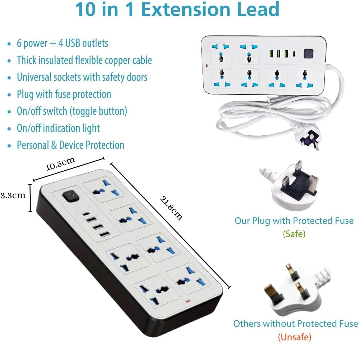 سیم سیار برق چند شاخه با 6 خروجی، 3 پورت USB، 1 پورت Type-C، کابل 2 متری، چند شاخه 10 در 1 با سیم شارژ USB برای خانه، آشپزخانه، مدرسه و دفتر