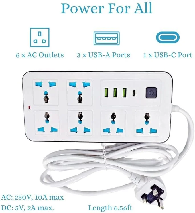 سیم سیار برق چند شاخه با 6 خروجی، 3 پورت USB، 1 پورت Type-C، کابل 2 متری، چند شاخه 10 در 1 با سیم شارژ USB برای خانه، آشپزخانه، مدرسه و دفتر