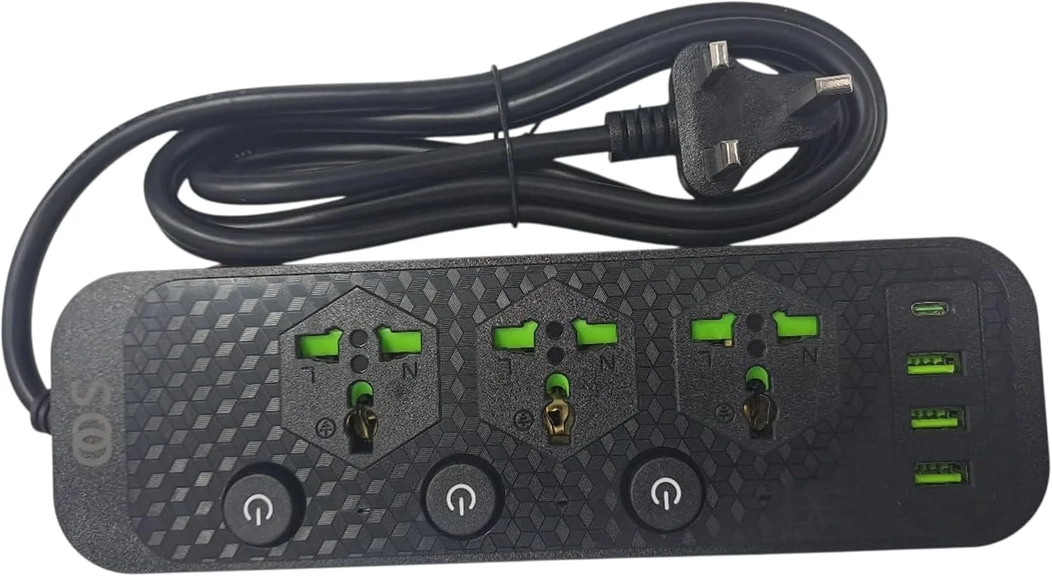 محافظ برق با 3 پریز جهانی، 3 پورت USB و 1 پورت Type-C، 5 ولت، 3.4 آمپر، 17 وات، دارای کلید روشن/خاموش، 3000 وات، طول کابل 2 متر، ولتاژ ورودی 220 ولت، 10 آمپر، 50/60 هرتز (مشکی)