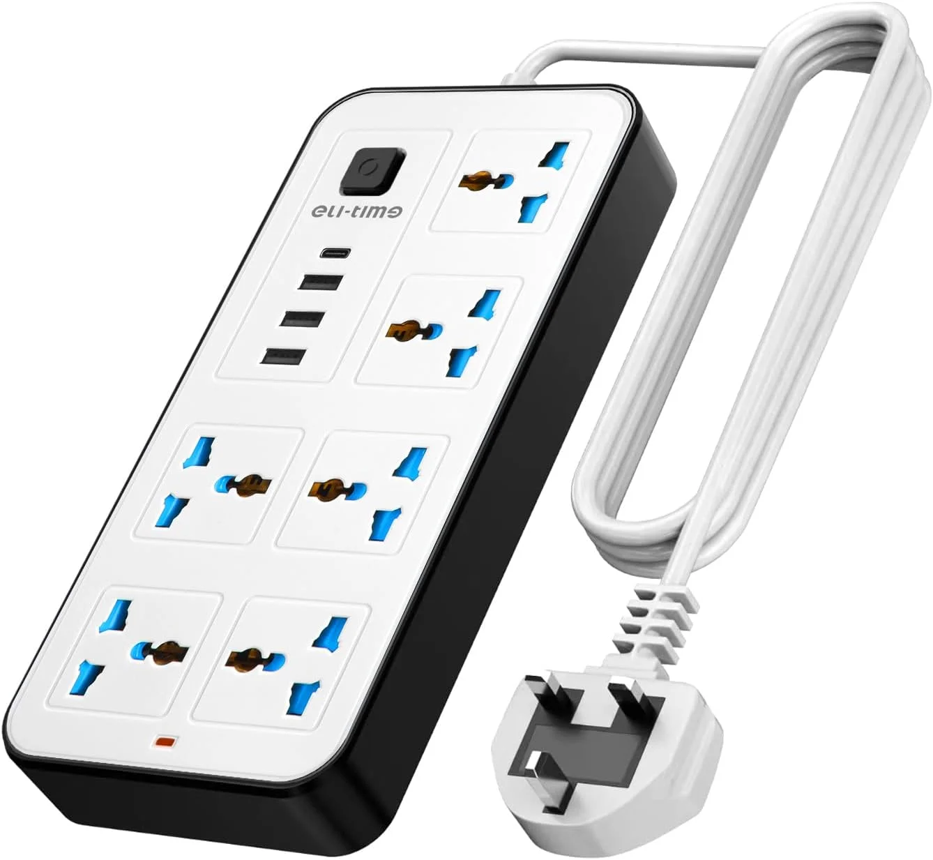 سیم سیار چند منظوره یونیورسال Eli-time، پریز برق 3 پین بریتانیایی با 6 خروجی | 3 پورت USB | 1 پورت Type-C، سیم سیار 2 متری برای خانه، آشپزخانه و اداره (سفید)