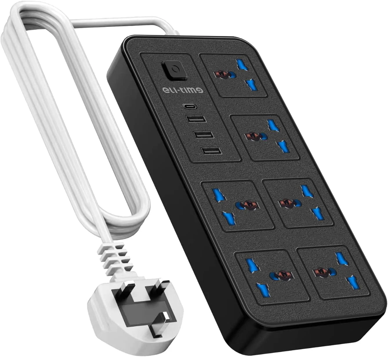 سیم سیار چند منظوره یونیورسال، پریز برق 3 پین بریتانیایی با 6 خروجی | 3 پورت USB | 1 پورت Type-C، سیم سیار 2 متری برای خانه، آشپزخانه و اداره (مشکی)