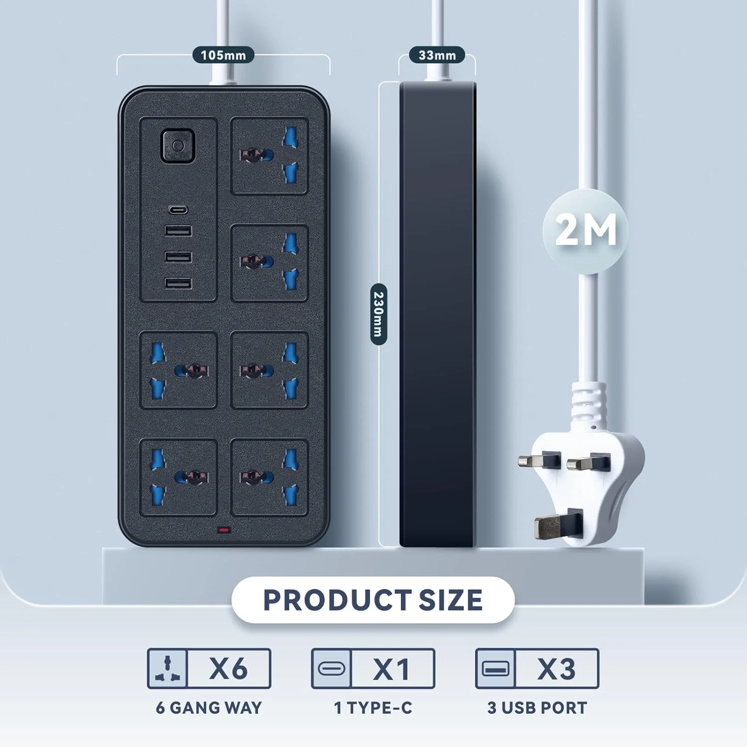 سیم سیار چند منظوره یونیورسال، پریز برق 3 پین بریتانیایی با 6 خروجی | 3 پورت USB | 1 پورت Type-C، سیم سیار 2 متری برای خانه، آشپزخانه و اداره (مشکی)