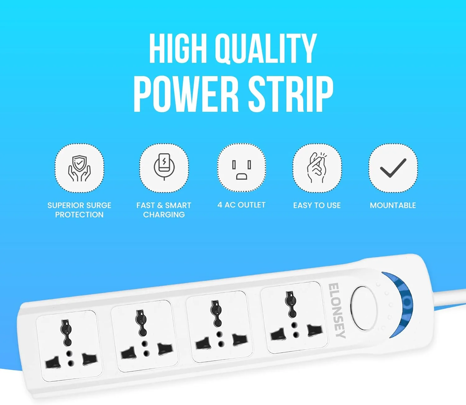 سیم رابط برق یونیورسال ELONSEY با 4 خروجی، محافظ برق 3 متری، کابل افزایش طول - سفید 3 متری