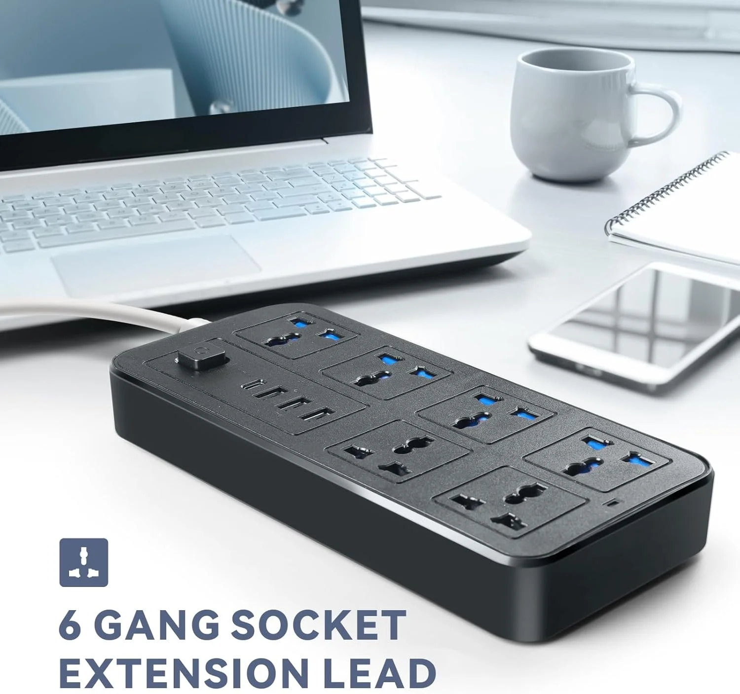 سیم سیار چند منظوره یونیورسال، پریز برق 3 پین بریتانیایی با 6 خروجی | 3 پورت USB | 1 پورت Type-C، سیم سیار 2 متری برای خانه، آشپزخانه و اداره (مشکی)
