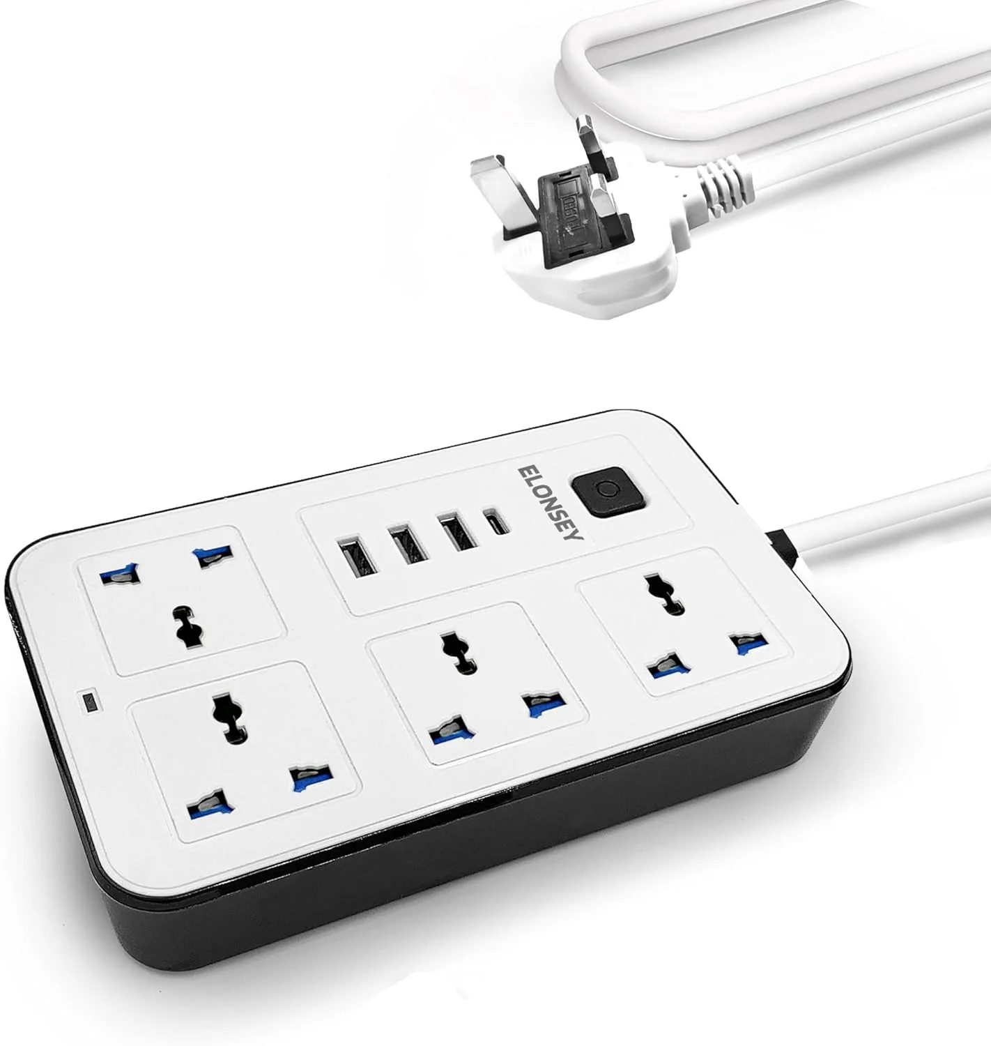سیم رابط برق جهانی ELONSEY با USB C، محافظ برق 4 راهی با خروجی USB Type C PD، کابل افزایش طول 3 متری - سفید