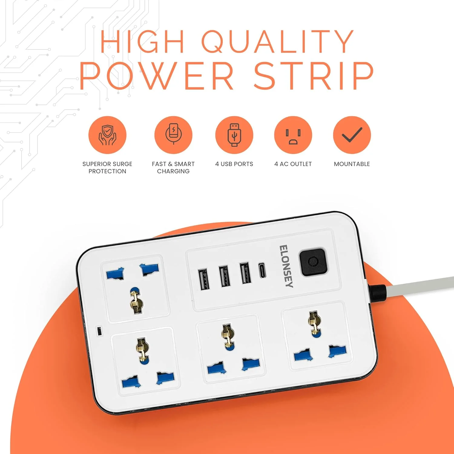 سیم رابط برق جهانی ELONSEY با USB C، محافظ برق 4 راهی با خروجی USB Type C PD، کابل افزایش طول 3 متری - سفید