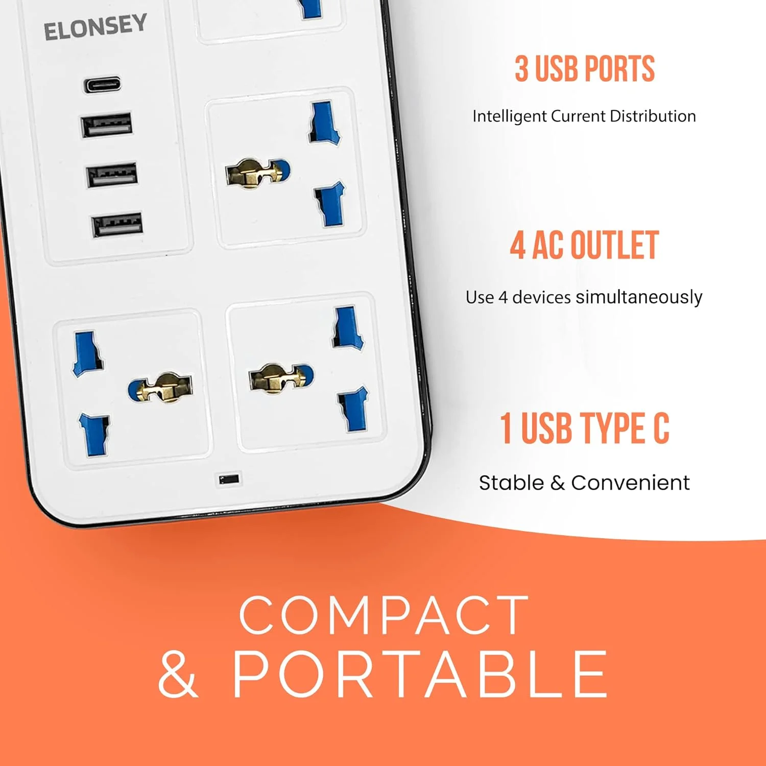 سیم رابط برق جهانی ELONSEY با USB C، محافظ برق 4 راهی با خروجی USB Type C PD، کابل افزایش طول 3 متری - سفید