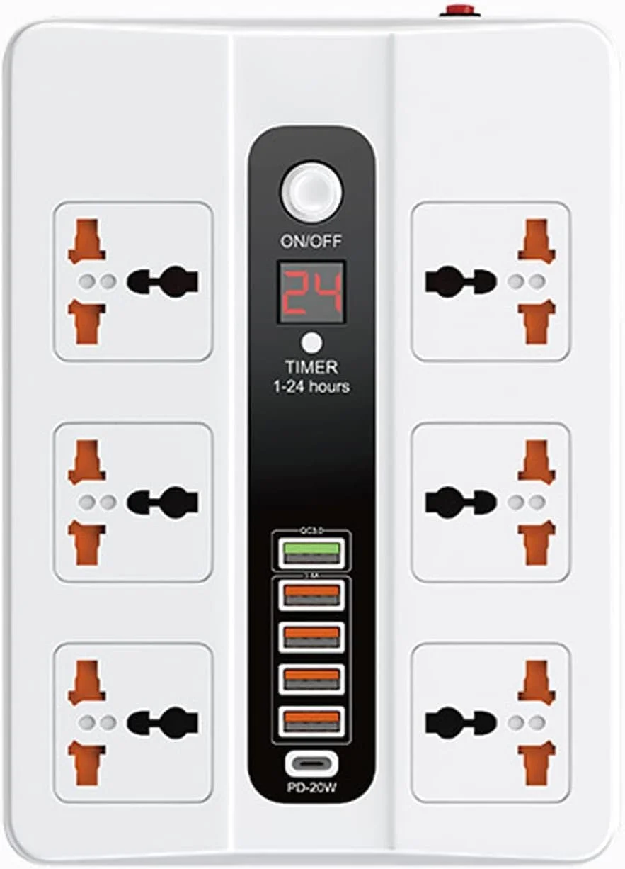 محافظ برق الترازون با پورت USB - سیم رابط با دوشاخه تخت، دارای 6 پریز AC و 5 پورت USB و 1 پورت PD، ایستگاه کوچک رومیزی LED با سیم برق 1.8 متری