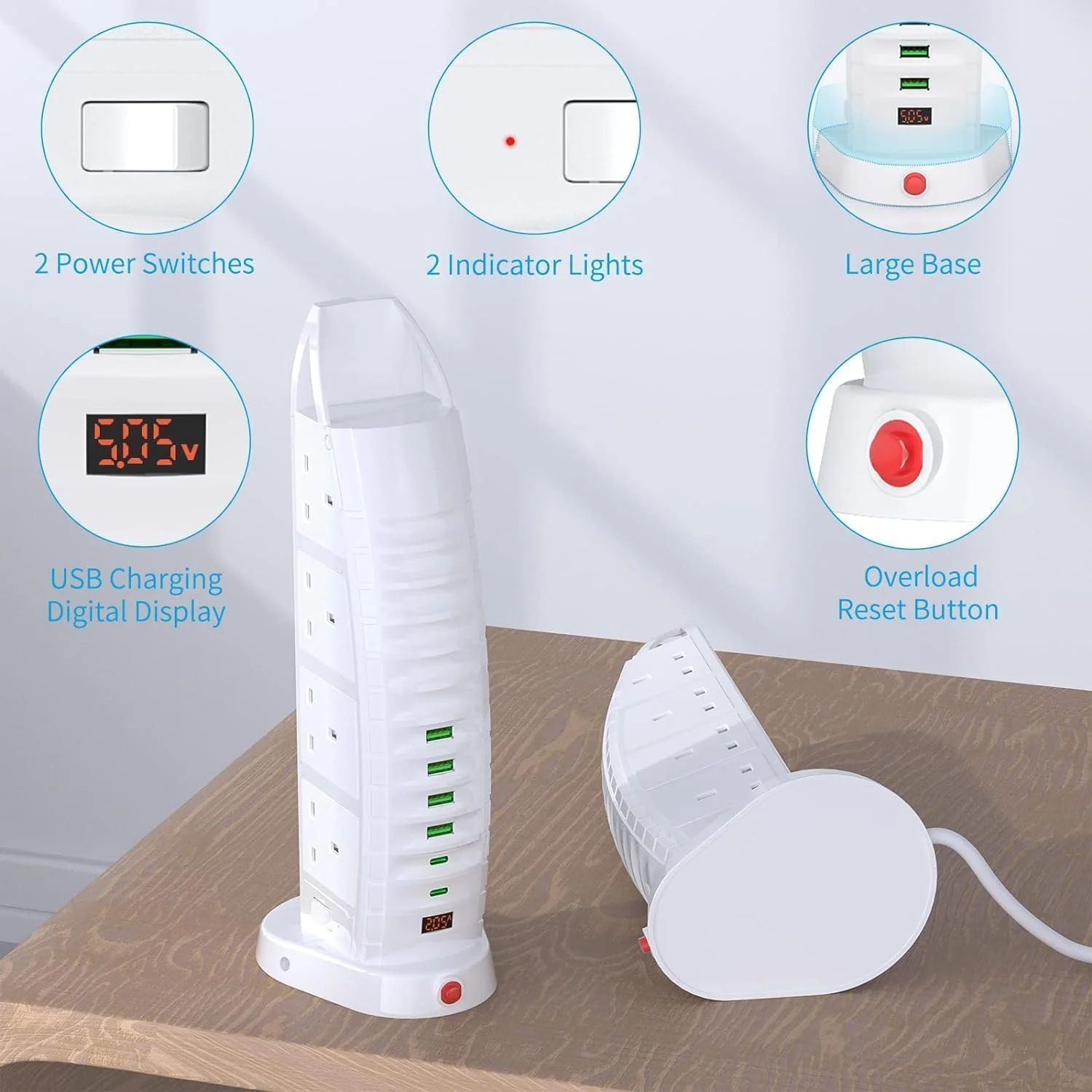 سیم سیار افزایش طول الترآزون با USB، چند راهی برقی برج دار 8 خروجی و 6 پورت USB (2 Type-C، 4 USB)، پریز چند شاخه 3.6 آمپر، کابل 2 متری با کلید، محافظ برق عمودی