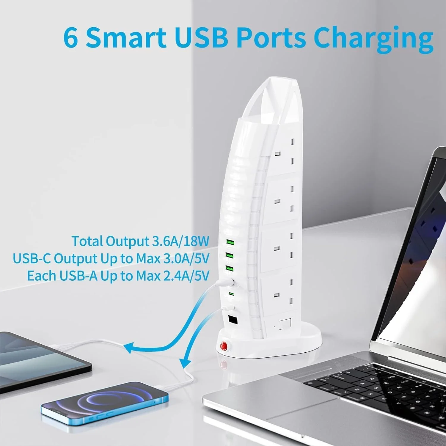 سیم سیار افزایش طول الترآزون با USB، چند راهی برقی برج دار 8 خروجی و 6 پورت USB (2 Type-C، 4 USB)، پریز چند شاخه 3.6 آمپر، کابل 2 متری با کلید، محافظ برق عمودی