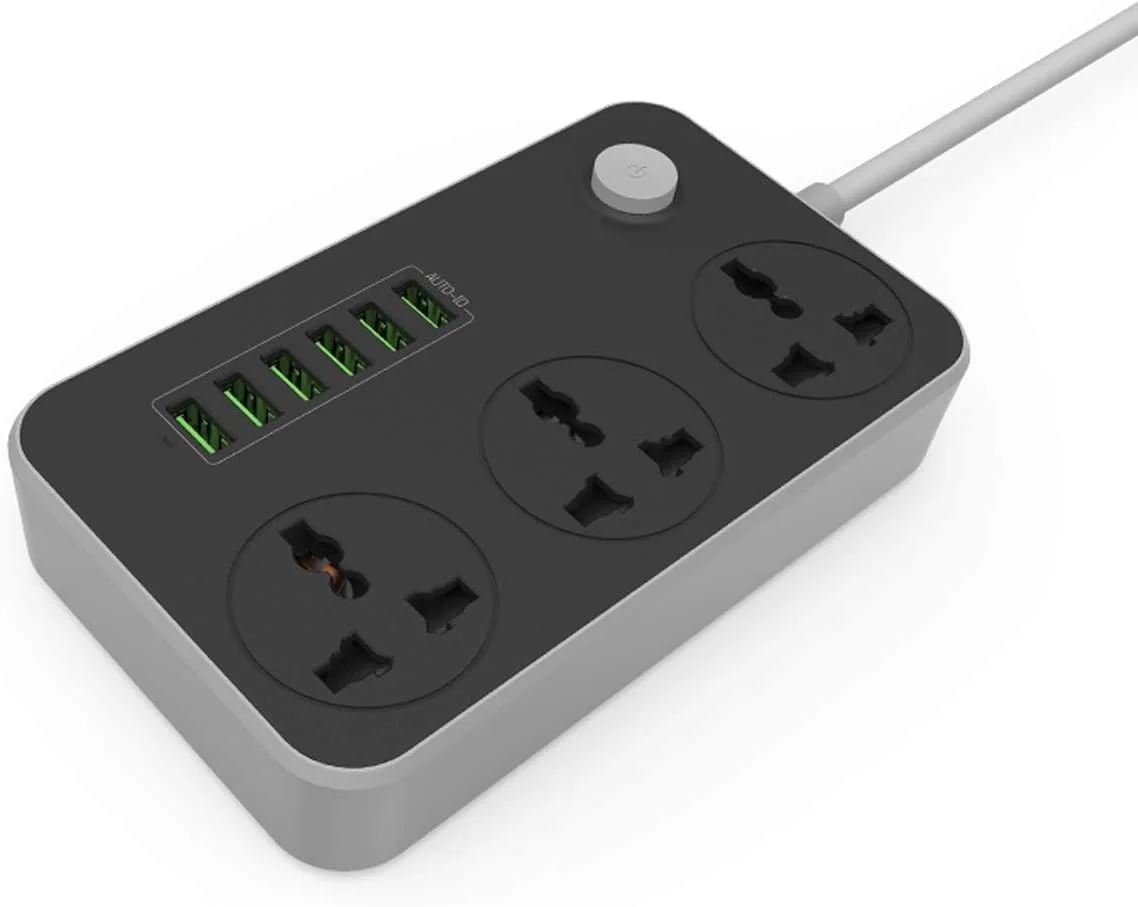 محافظ برق و چندراهی ELTERAZONE با 3 پریز بین المللی و 6 پورت شارژ USB هوشمند 3.4 آمپر || طول سیم 2 متر || توان نامی 2500 وات 10 آمپر || جنس پلاستیک ABS
