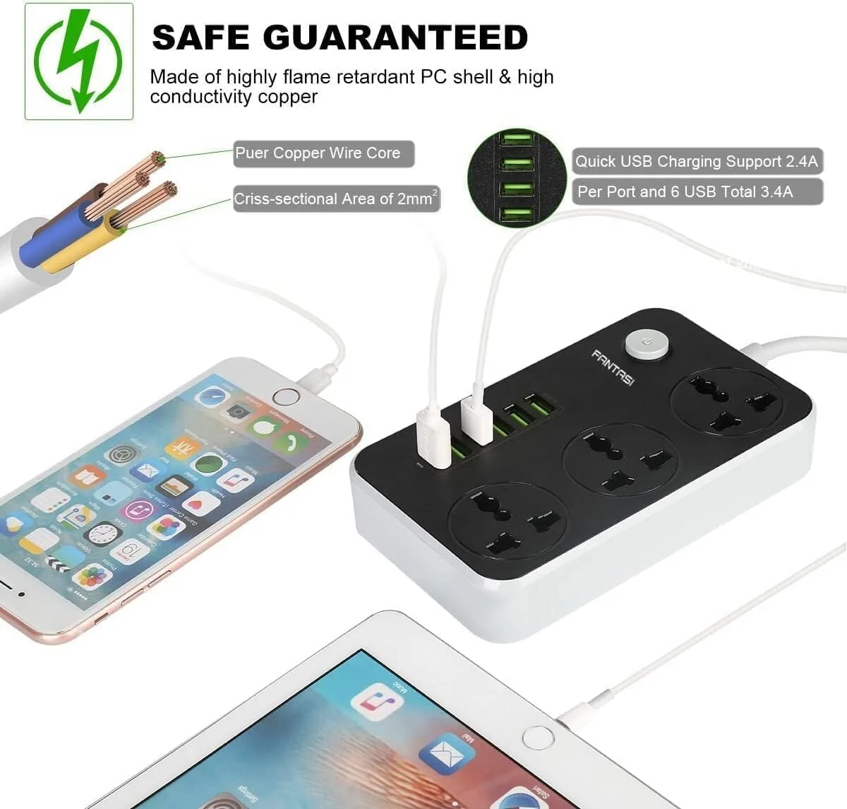 محافظ برق الترازون با پورت USB - پریز برق جهانی 3 خروجی محافظ افزایش جریان 6 پورت USB سریع (5V 3.4A 17W) - ایستگاه شارژ با سیم ضخیم 2 متری، قطع کننده مدار 2500W درب ایمن کودک