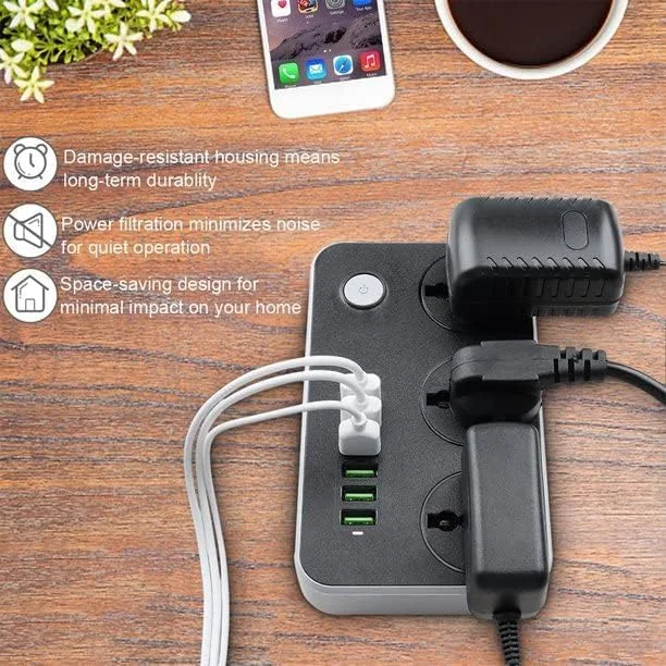 محافظ برق الترازون با پورت USB - پریز برق جهانی 3 خروجی محافظ افزایش جریان 6 پورت USB سریع (5V 3.4A 17W) - ایستگاه شارژ با سیم ضخیم 2 متری، قطع کننده مدار 2500W درب ایمن کودک