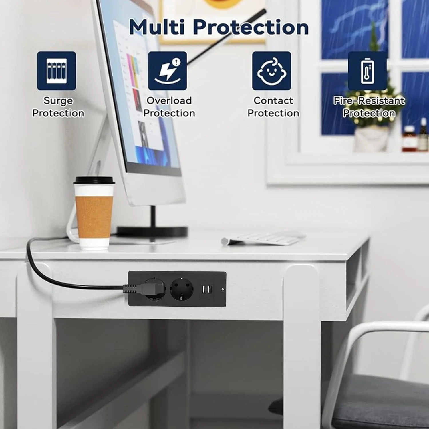 پریز برق توکار با 2 پورت USB A و 2 پورت AC 10A، هاب برق رومیزی توکار، چندراهی برق مبلمان، راه حل صرفه جویی در فضا با کابل 1.5 متری برای دفتر کار خانگی
