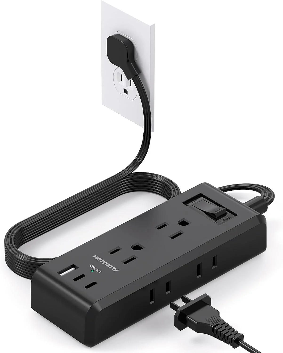 چندراهی برق با دوشاخه تخت، سیم رابط فوق العاده نازک 1.5 متری، 6 پریز برق، 3 پورت USB (2 پورت USB C)