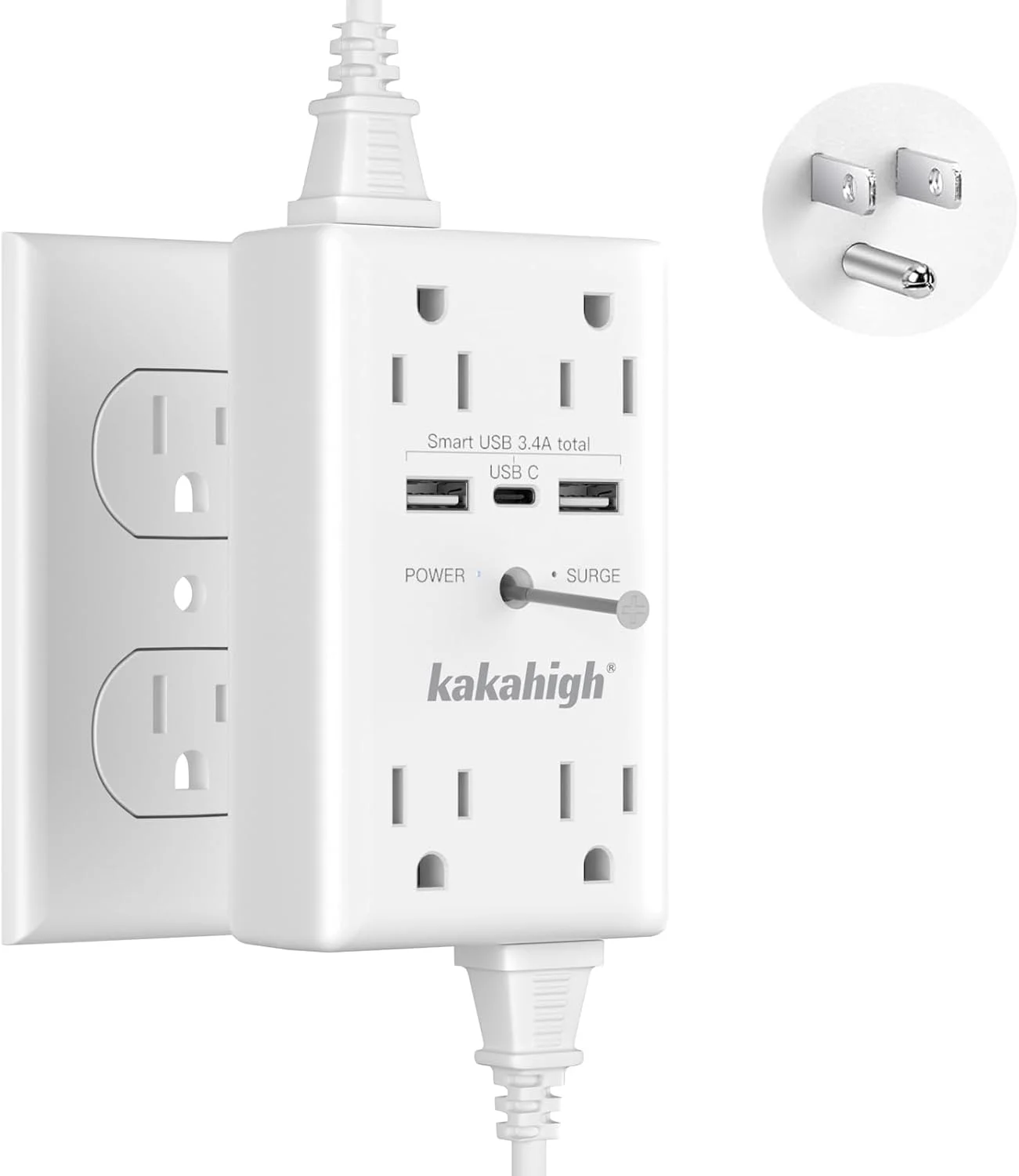 افزایش دهنده پریز دیواری با پیچ، 8 پریز با محافظت در برابر نوسانات برق 1680 ژول، پریز دیواری با پورت های USB، نشانگر LED، محافظ های نوسانات برق نصب شده روی دیوار