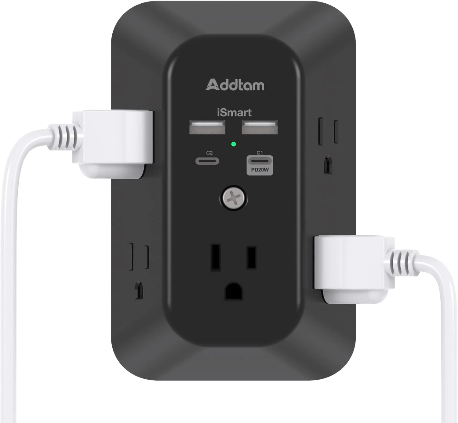 افزایش دهنده پریز برق، اسپلیتر 5 پریزی Addtam با 4 شارژر دیواری USB (PD 20W)، چند شاخه پریز برق دیواری برای خانه، لوازم ضروری اتاق خواب، مشکی