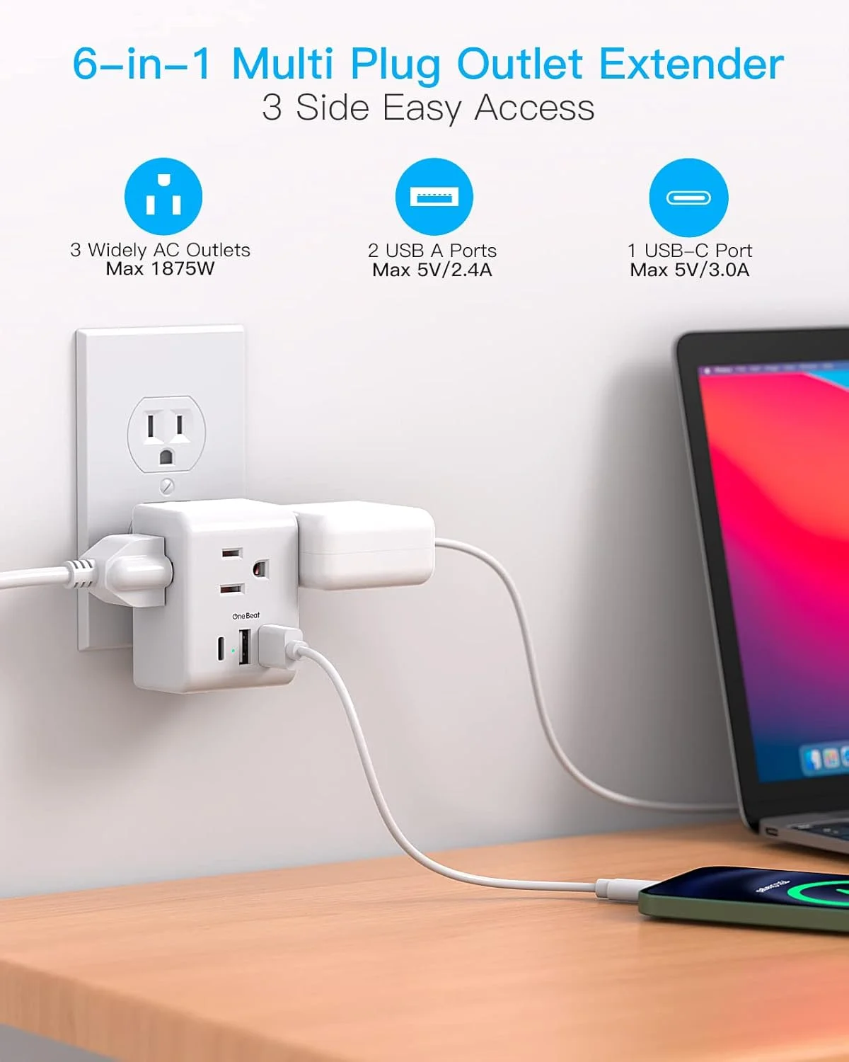 تبدیل چند شاخه برق، سه راهی برق بدون محافظ ولتاژ با 3 شارژر USB (1 USB C)، افزایش دهنده پریز برق چندگانه برای سفر، خوابگاه، خانه، دفتر