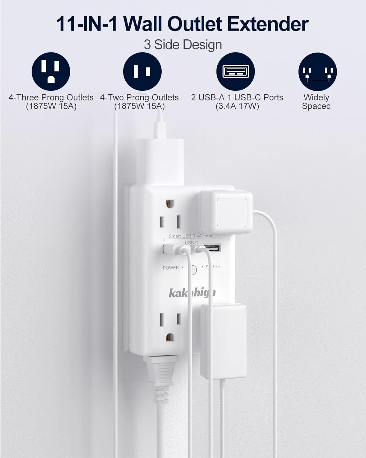 افزایش دهنده پریز دیواری با پیچ، 8 پریز با محافظت در برابر نوسانات برق 1680 ژول، پریز دیواری با پورت های USB، نشانگر LED، محافظ های نوسانات برق نصب شده روی دیوار