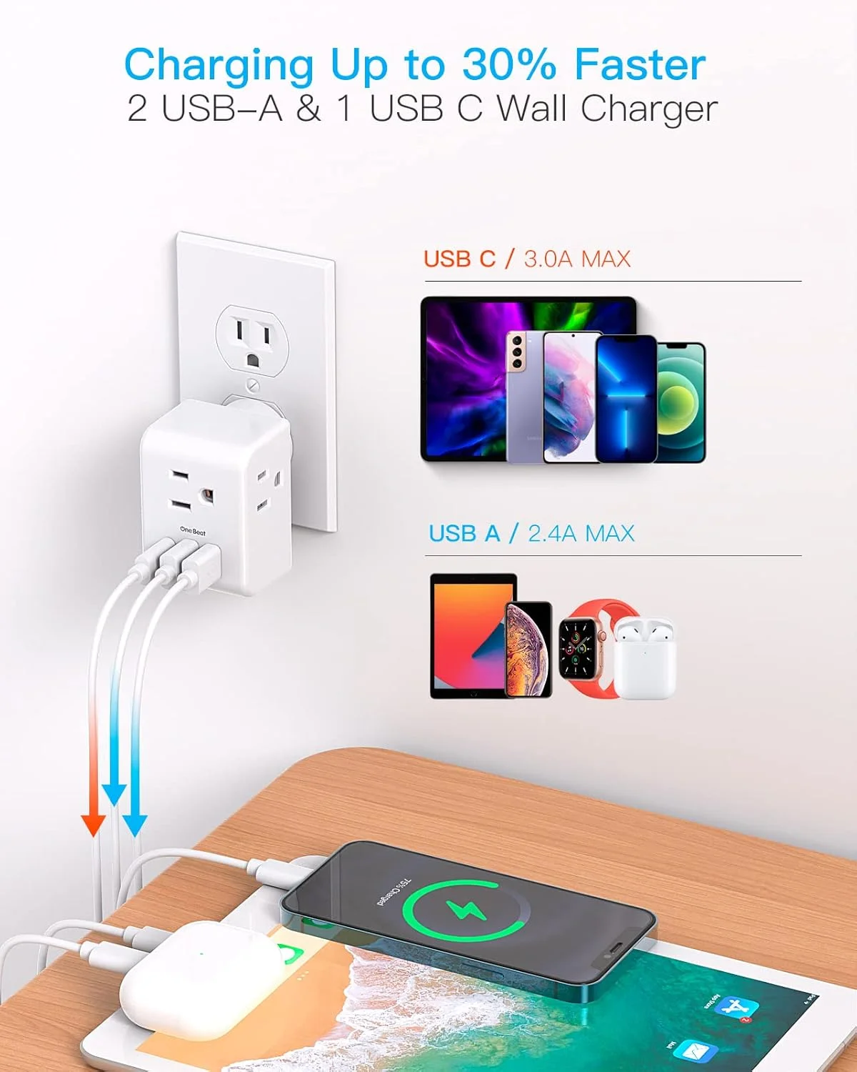 تبدیل چند شاخه برق، سه راهی برق بدون محافظ ولتاژ با 3 شارژر USB (1 USB C)، افزایش دهنده پریز برق چندگانه برای سفر، خوابگاه، خانه، دفتر