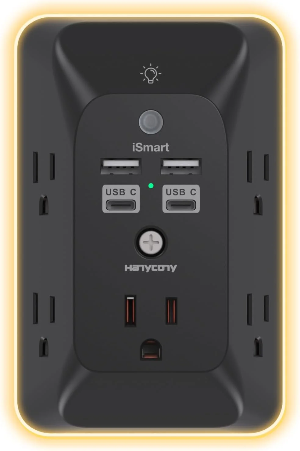 تبدیل چند شاخه مشکی با 4 پورت USB (2 پورت USB C) و چراغ خواب، محافظ ولتاژ 1050 ژول، نصب دیواری، تقسیم کننده پریز برق برای حمام، آشپزخانه، کمپر