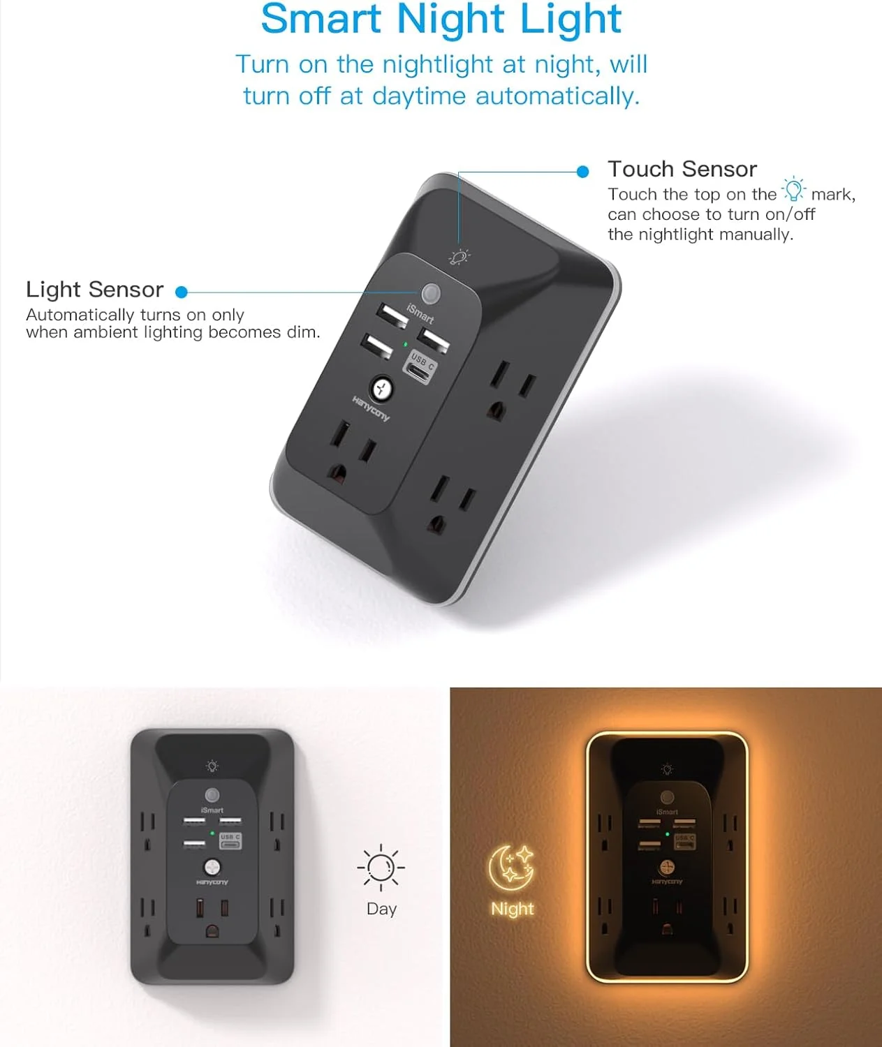 تبدیل چند شاخه مشکی با 4 پورت USB (2 پورت USB C) و چراغ خواب، محافظ ولتاژ 1050 ژول، نصب دیواری، تقسیم کننده پریز برق برای حمام، آشپزخانه، کمپر