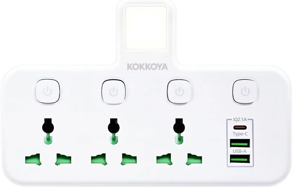 تبدیل چند شاخه برق 7 در 1 با 3 پریز برق بریتانیایی، 2 پورت USB A، 1 پورت Type C، چراغ خواب LED، محافظ برق نصب شده روی دیوار برای خانه، دفتر، مسافرت 4000 وات 250 ولت (سفید)