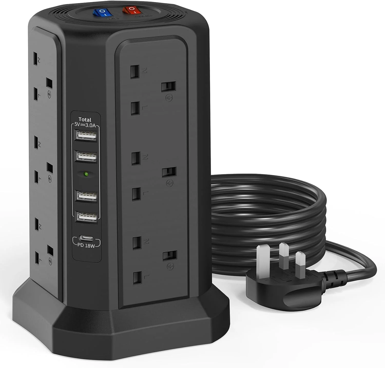 چند راهی برق برجی با درگاه‌های USB، کابل 1.8 متری و شارژر USB C 18 واتی، 5 درگاه USB، 12 خروجی با محافظت در برابر نوسانات برق، کابل افزایش طول 3250 واتی Azonee برای خانه و محل کار، دارای کلید کنترل