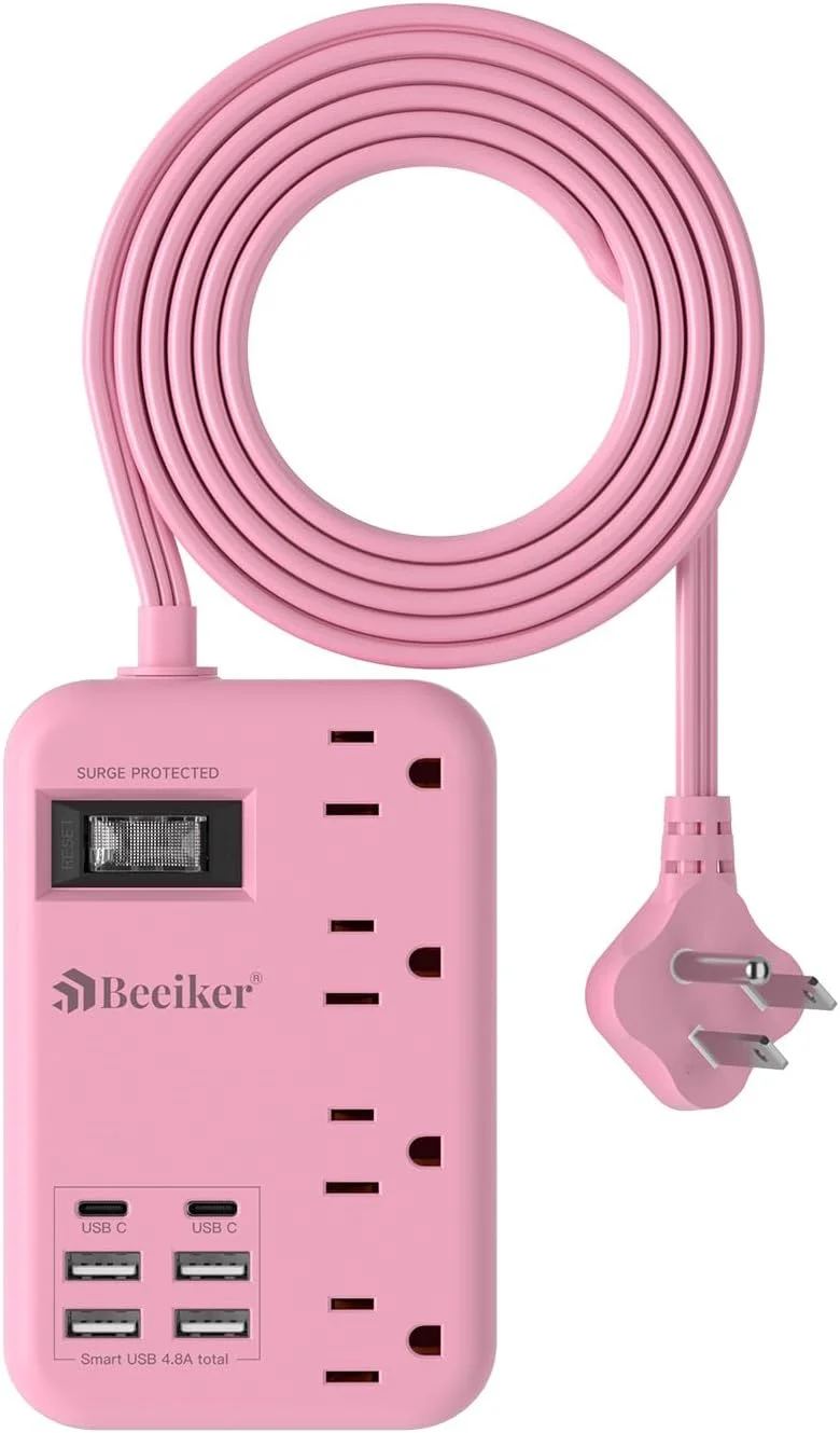سیم رابط صورتی 6 پورت USB (2 پورت USB C) - محافظ برق مسافرتی 1.5 متری با ایستگاه شارژ USB 24 واتی و 4 پریز، لوازم جانبی رومیزی صورتی با محافظ نوسانات برق برای هدیه های زیبا و جذاب، خوابگاه دانشجویی