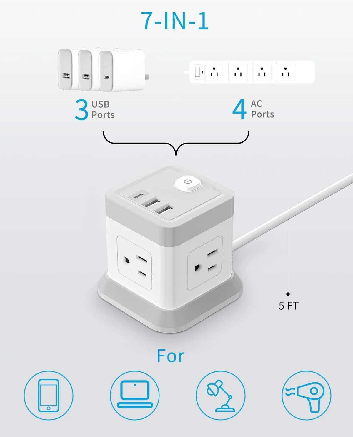 چندراهی برق 2 شاخه با USB، سیم رابط دوشاخه تخت با 4 پریز و 3 پورت USB، ایستگاه شارژ رومیزی با سیم برق 1.5 متری، محافظت در برابر اضافه بار، جمع و جور و قابل حمل، ایده آل برای پریزهای بدون اتصال به زمین