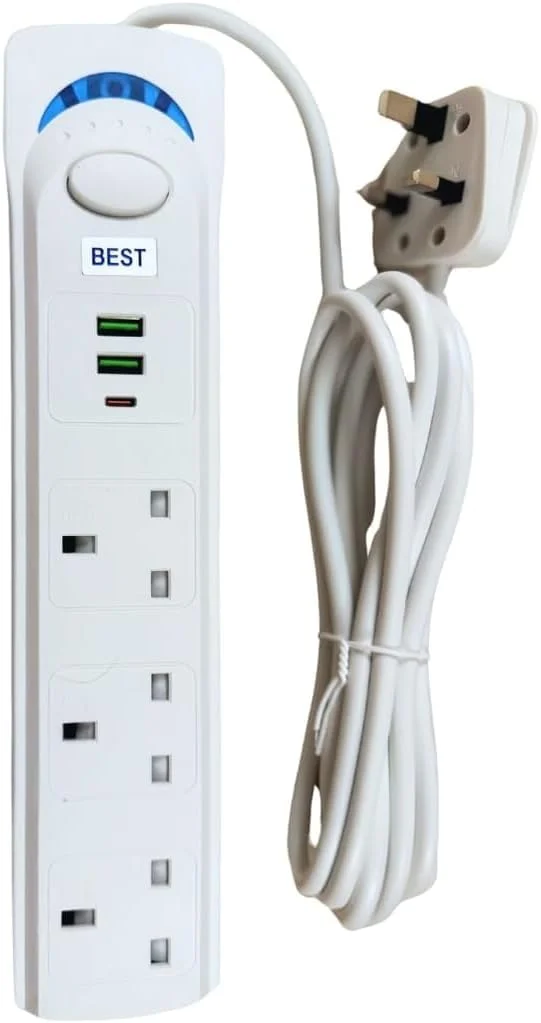 سیم سیار 3 متری با محافظت از افزایش جریان برق - 3 پریز، شارژر دوگانه USB و Type C - 1700 وات، طول 3 متر - طراحی رنگ سفید (3 متر)