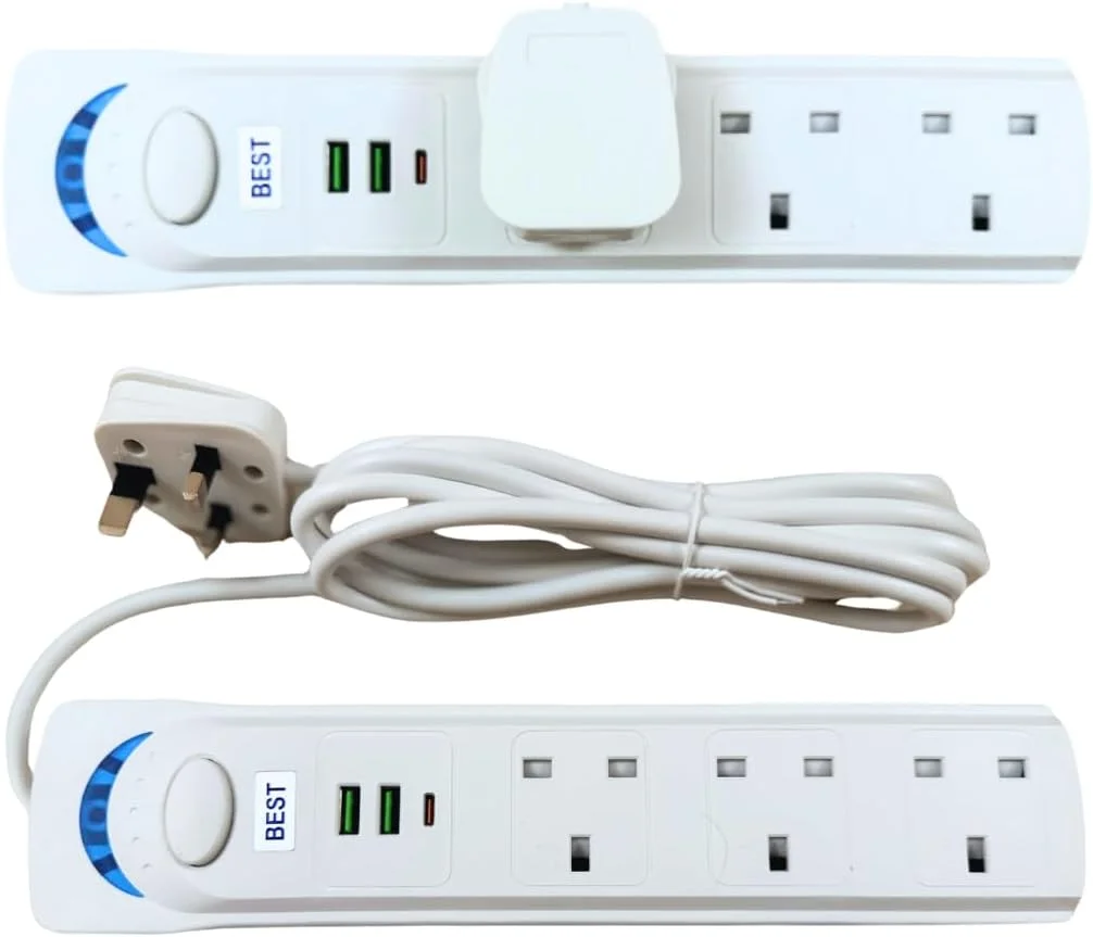 سیم سیار 3 متری با محافظت از افزایش جریان برق - 3 پریز، شارژر دوگانه USB و Type C - 1700 وات، طول 3 متر - طراحی رنگ سفید (3 متر)
