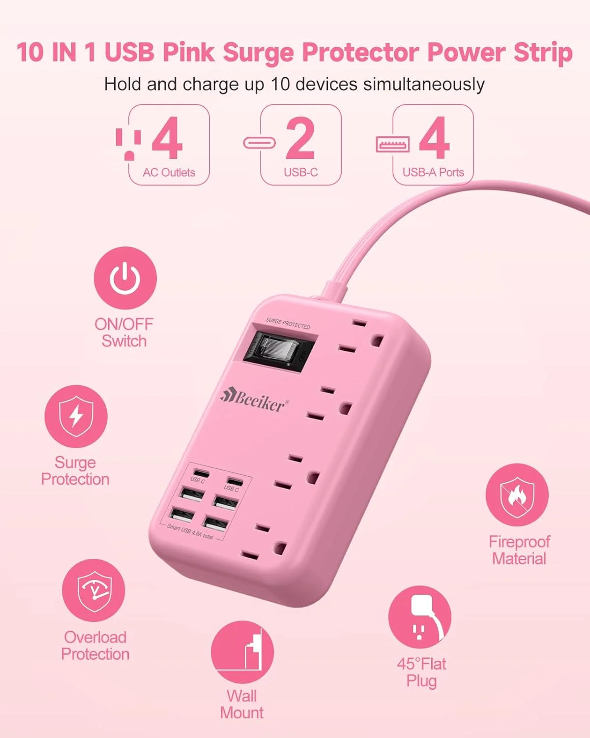 سیم رابط صورتی 6 پورت USB (2 پورت USB C) - محافظ برق مسافرتی 1.5 متری با ایستگاه شارژ USB 24 واتی و 4 پریز، لوازم جانبی رومیزی صورتی با محافظ نوسانات برق برای هدیه های زیبا و جذاب، خوابگاه دانشجویی