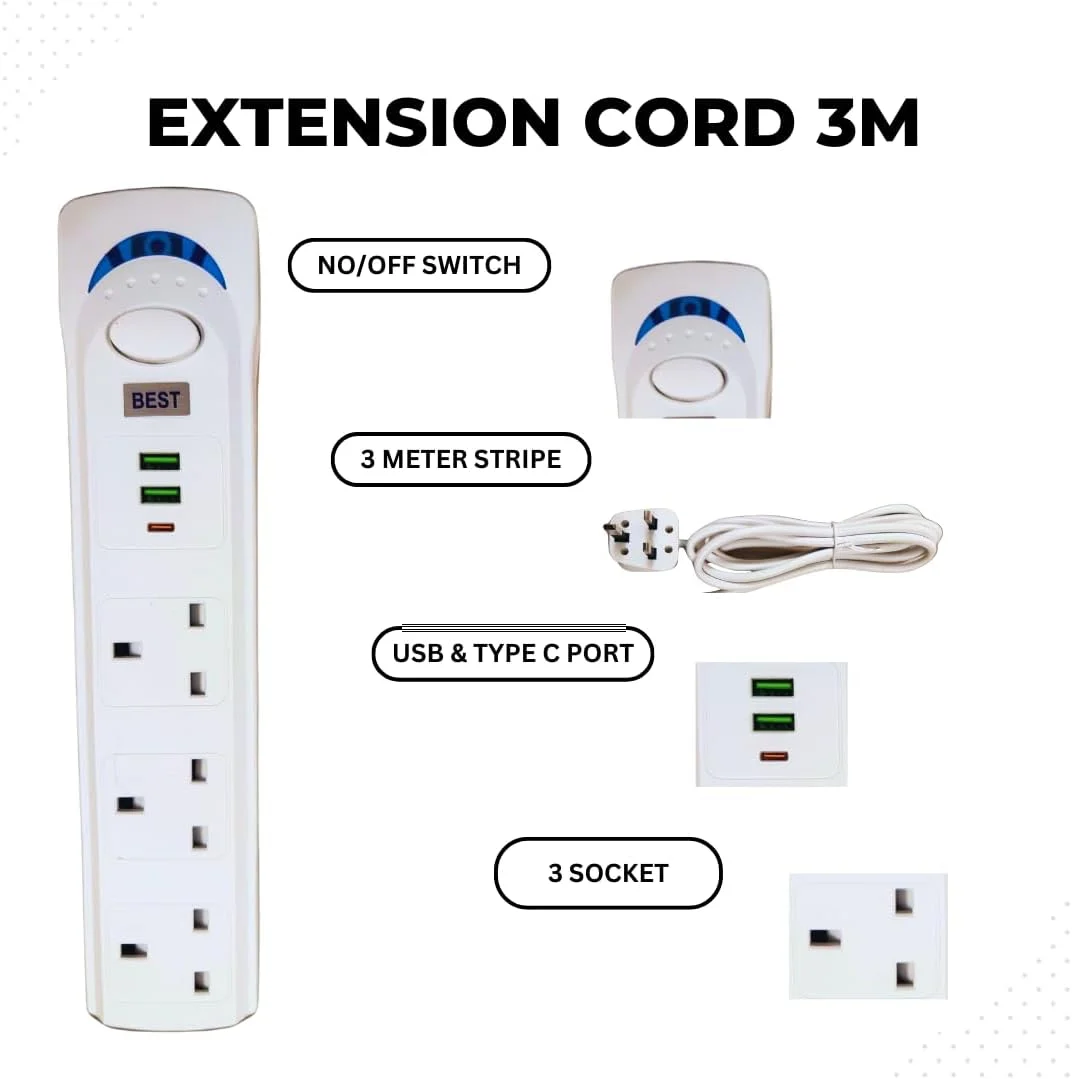 سیم سیار 3 متری با محافظت از افزایش جریان برق - 3 پریز، شارژر دوگانه USB و Type C - 1700 وات، طول 3 متر - طراحی رنگ سفید (3 متر)