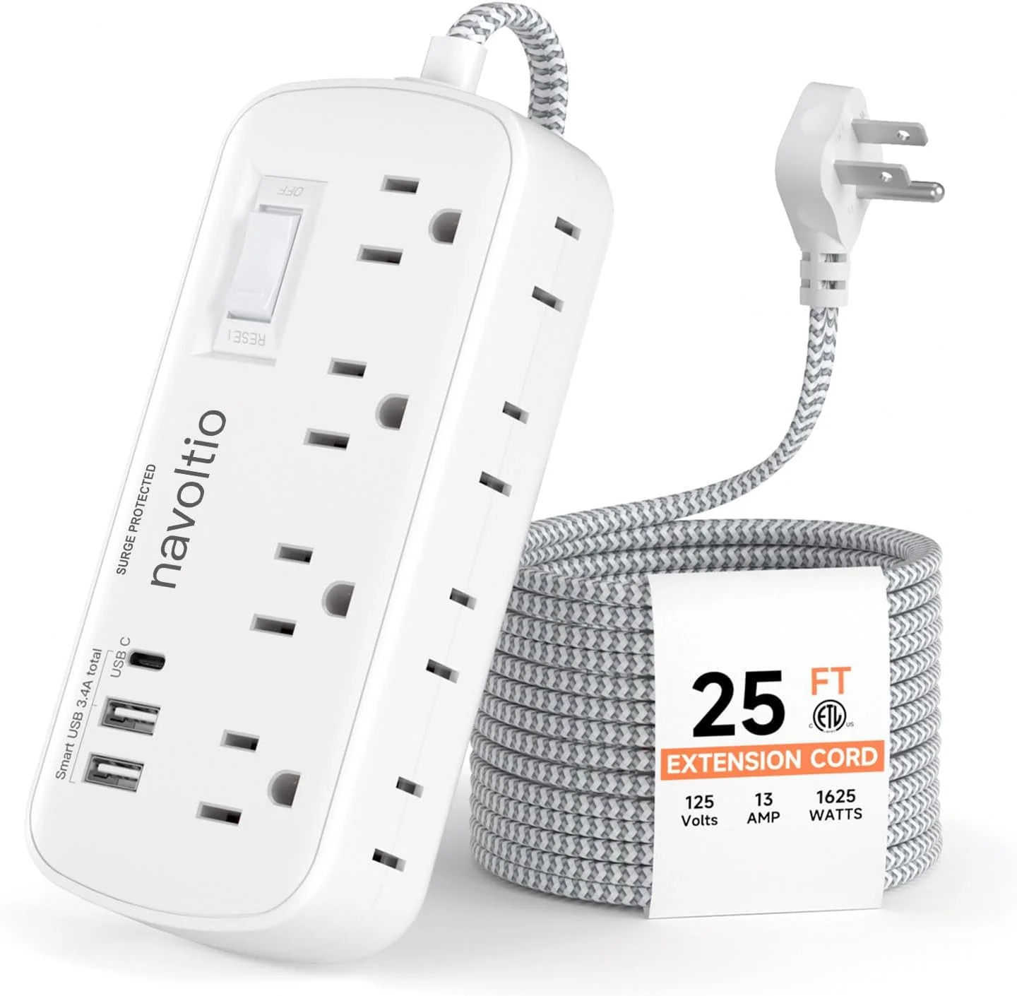 سیم سیار ۲۵ فوتی با چند خروجی - محافظ برق ۸ پریز AC ۳ پورت USB (3.4A 17W) 1080 ژول کابل بافته بلند تخت قابل نصب روی دیوار برای خانه، خوابگاه دانشجویی 13A 1625W