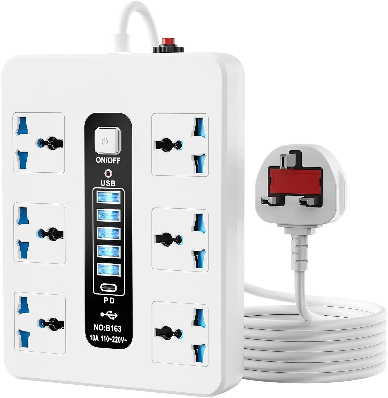 سیم سیار برق با 6 پریز برق، 5 پورت USB و 1 پورت Type-C – کابل 3 متری | چند راهی برق برای خانه، دفتر و آشپزخانه – محافظ برق سفید 2500 وات